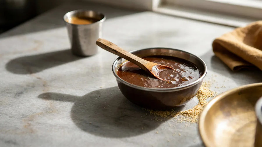 Atta halwa in a steel bowl with a clear ghee sheen, roasted from CressPure Premium Sharbati Atta