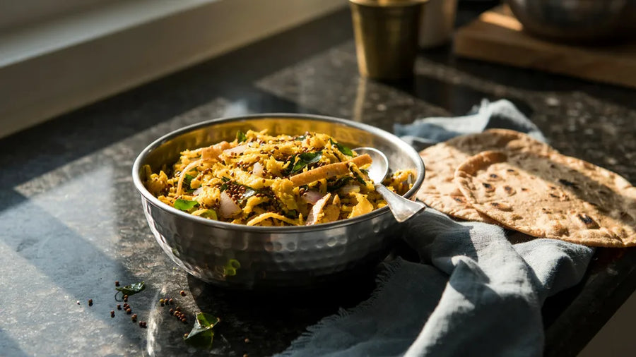 Roti upma made from torn leftover rotis with mustard seeds and curry leaves, using CressPure Sharbati atta