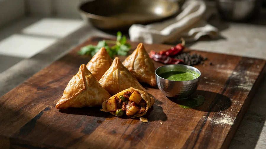 Atta samosas with a blistered wholewheat shell and potato pea filling, made without maida using CressPure atta