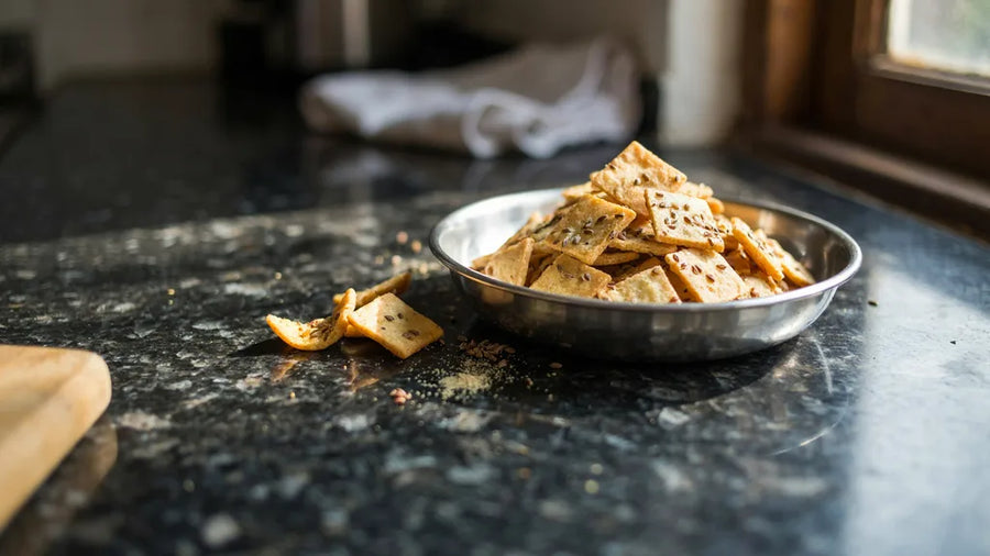 Crisp savoury atta namak paras with visible ajwain in a steel bowl, made with CressPure Sharbati atta