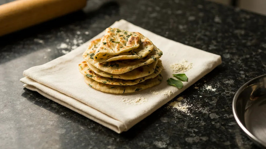 A stack of soft methi theplas that stay pliable for days, made with CressPure Premium Sharbati Atta