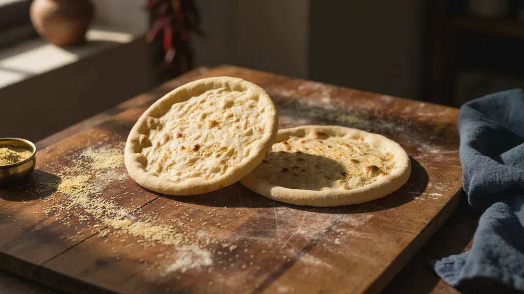 Par-baked wholewheat pizza base with a raised rim and crisp underside, made with CressPure Sharbati atta