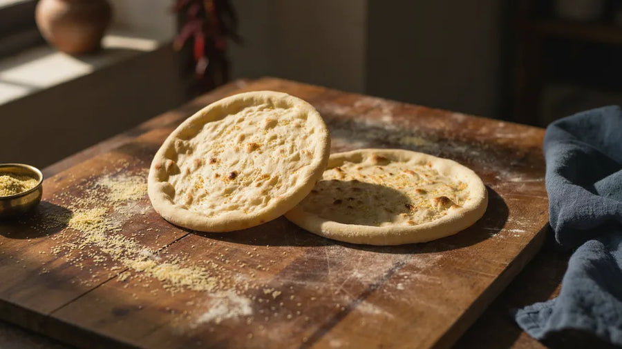 Par-baked wholewheat pizza base with a raised rim and crisp underside, made with CressPure Sharbati atta