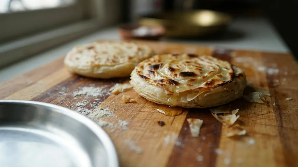 Laccha paratha squeezed to fan open its concentric layers, made with CressPure Premium Sharbati Atta