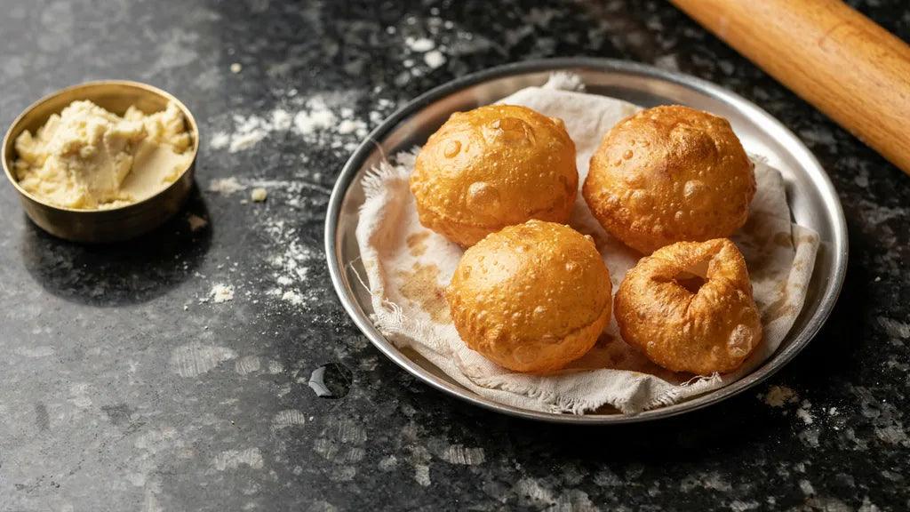 Pooris puffed into full round domes on a steel thali, made with CressPure Premium Sharbati Atta