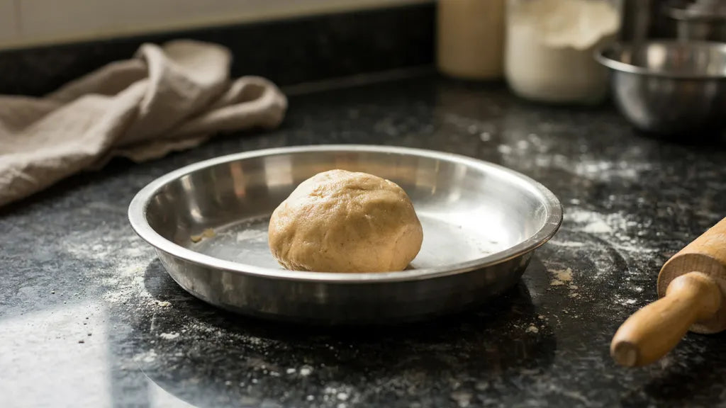 A smooth, correctly kneaded ball of CressPure Sharbati atta dough resting in a steel paraat