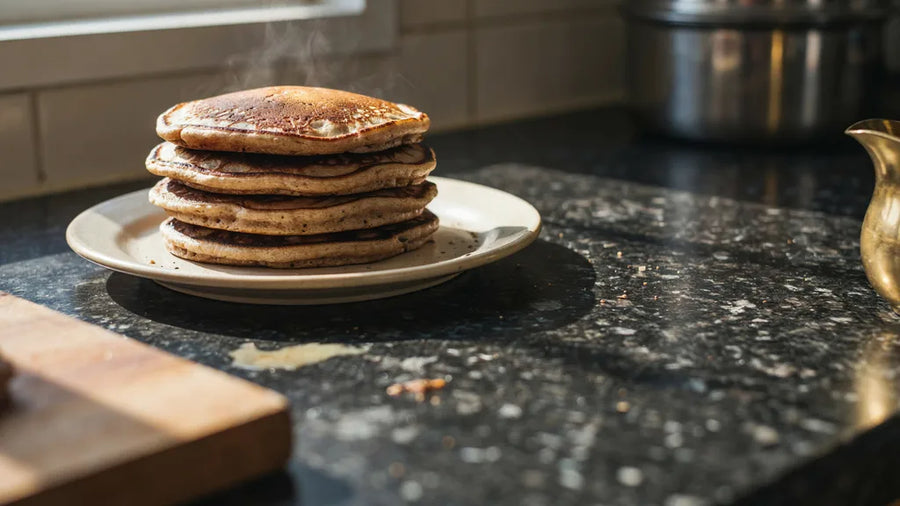 A stack of nut-brown wholewheat pancakes made with CressPure Premium Sharbati Atta