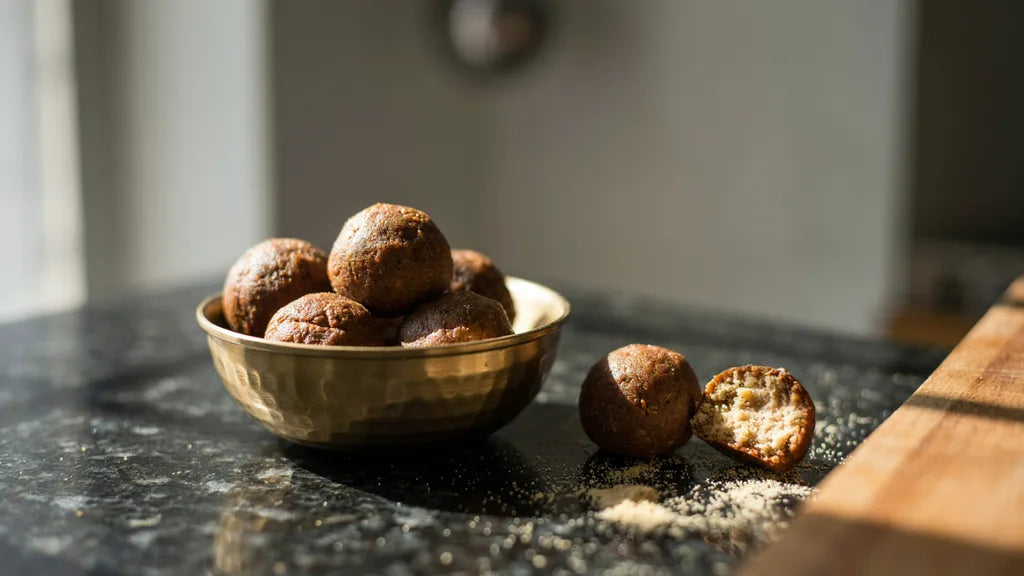 Atta ladoos with a craggy roasted texture, one broken open, made with CressPure Premium Sharbati Atta