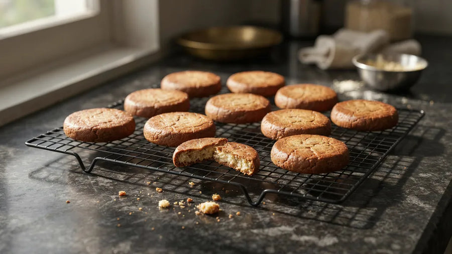 Atta cookies with cracked tops cooling on a rack, baked with CressPure Premium Sharbati Atta, no maida