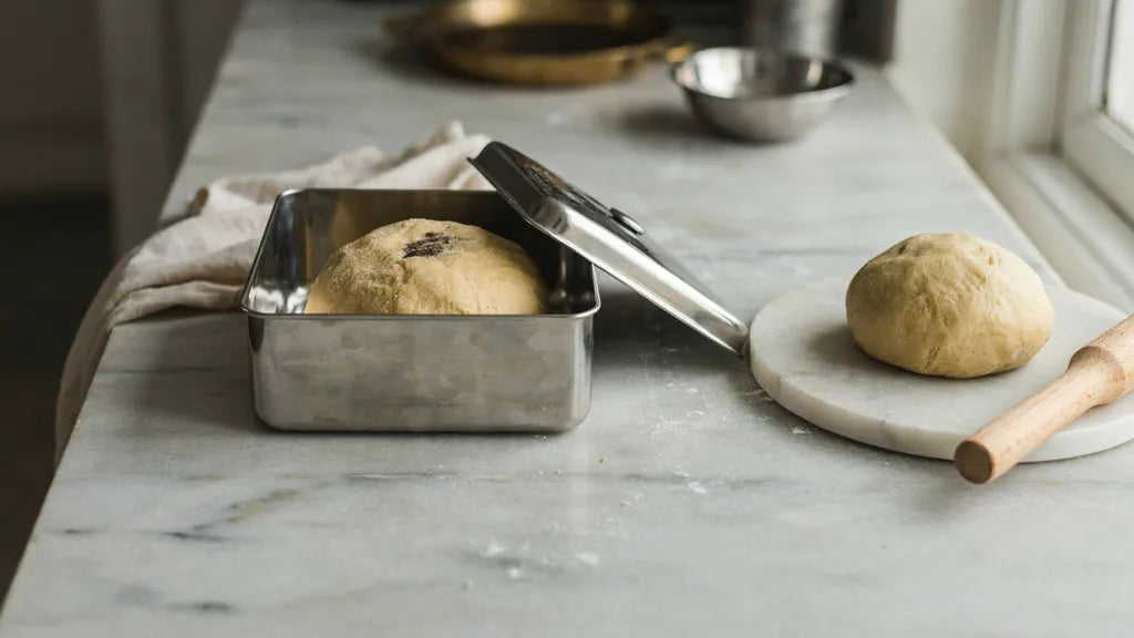 Rested roti dough in a steel storage box beside a fresh ball, showing how make-ahead atta dough changes