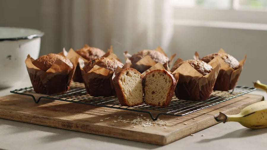 Wholewheat banana muffins made with CressPure Sharbati atta, split to show an even cream-brown crumb