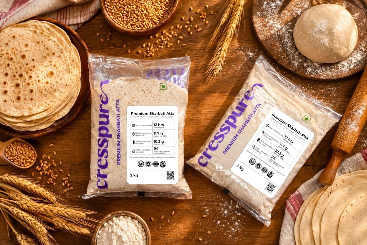 Stacked rotis beside two CressPure Premium Sharbati Atta packs, showing monthly atta needs for a family