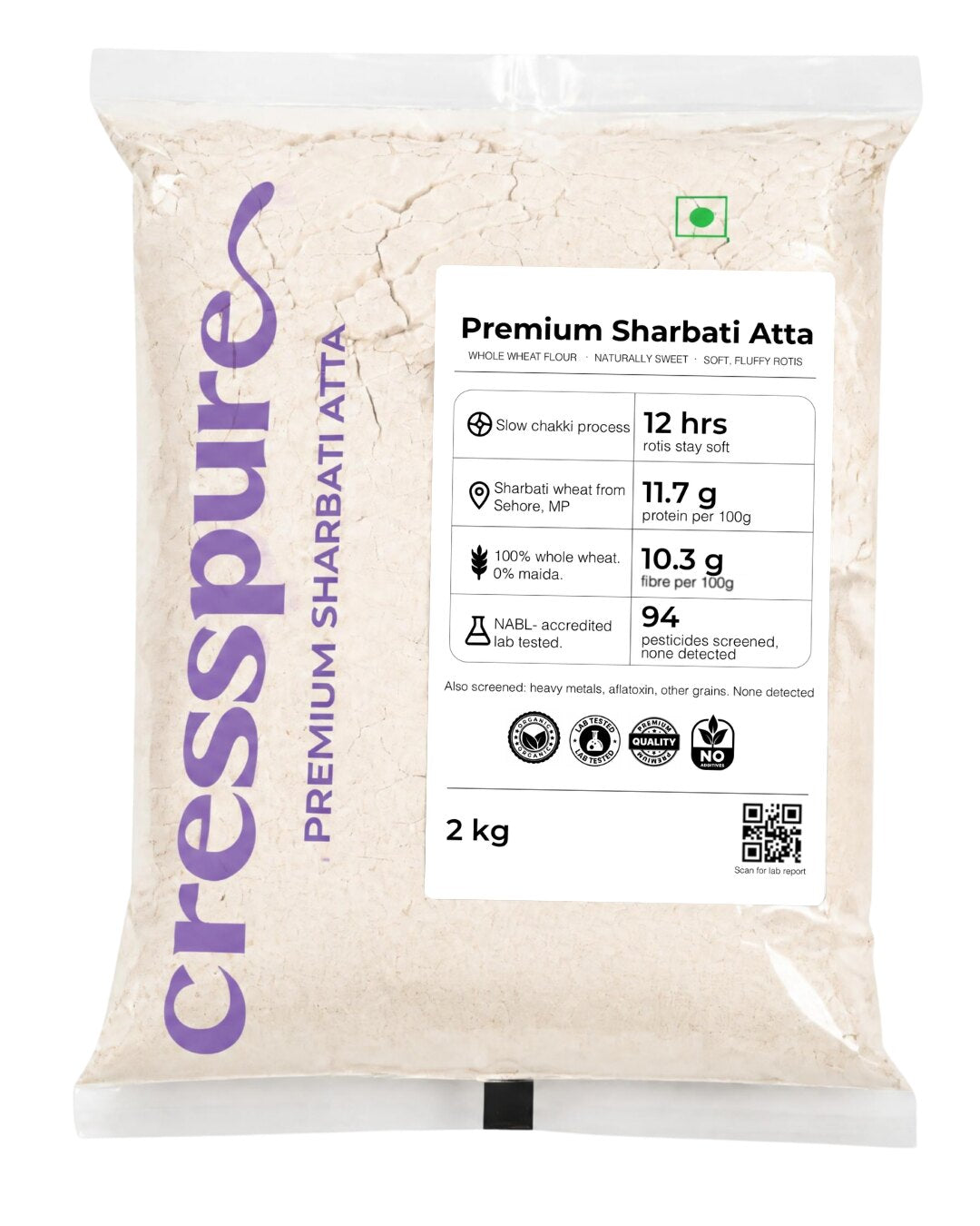 Front of the CressPure Premium Sharbati Atta pack, showing the label details worth checking before buying