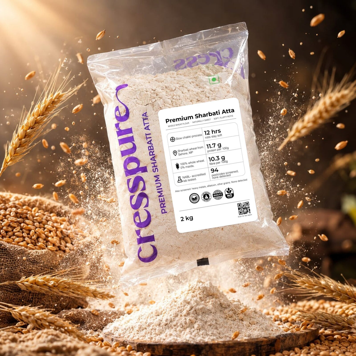 CressPure Premium Sharbati Atta with wheat grain, illustrating what Sharbati wheat is and where it grows