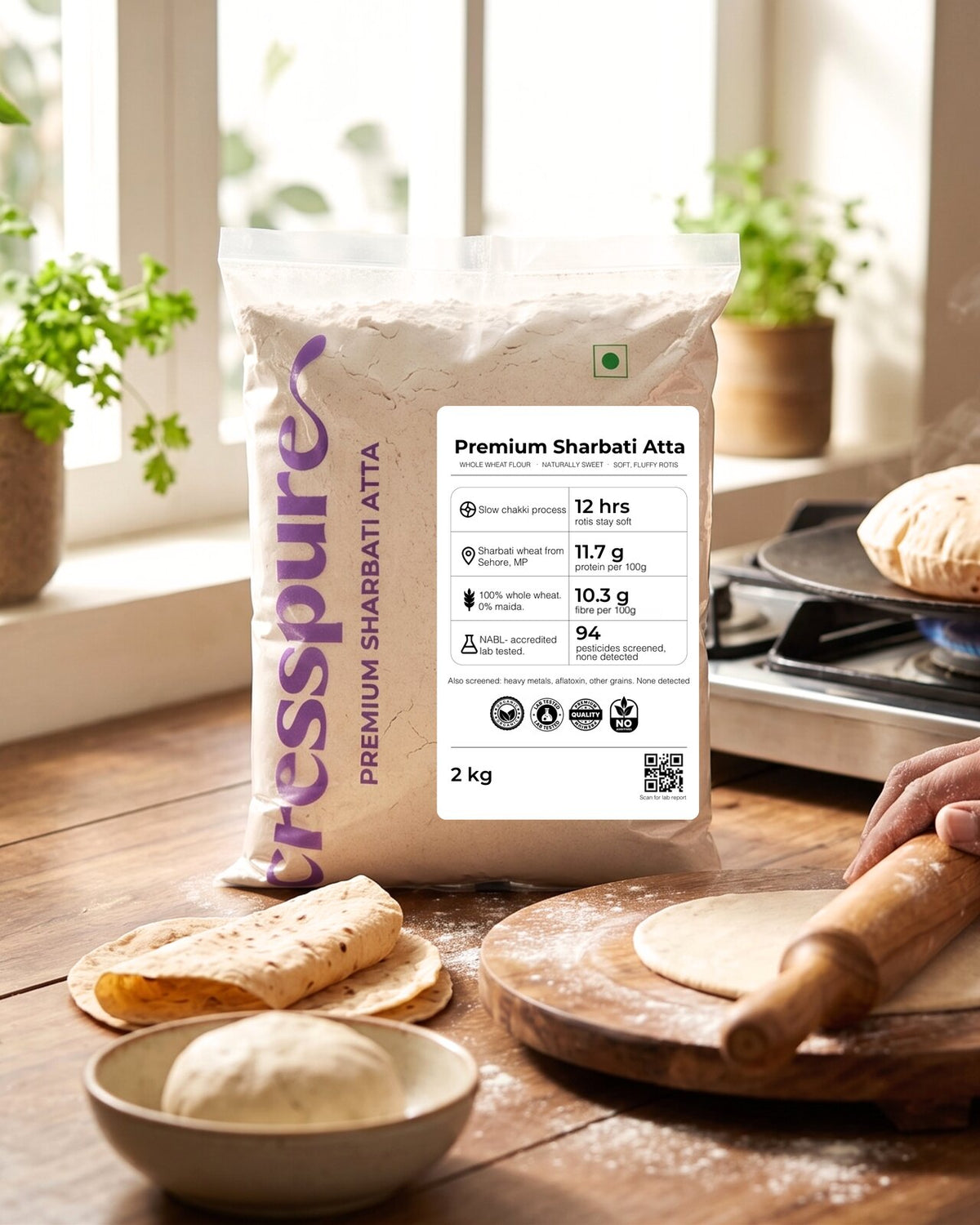 CressPure Premium Sharbati Atta pack in a home kitchen, showing why Sharbati atta costs more than regular atta