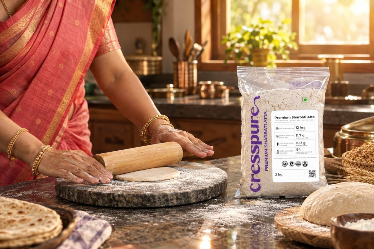 Rotis being rolled in a home kitchen with CressPure Sharbati atta, illustrating why rotis go hard