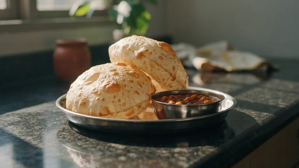 Atta bhaturas puffed into tall golden domes, made with CressPure Premium Sharbati Atta, served with chole