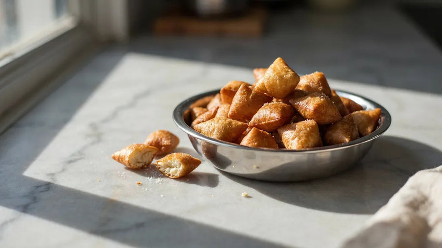 Sweet atta shakkarparas with a light sugar glaze in a steel bowl, made with CressPure Sharbati atta
