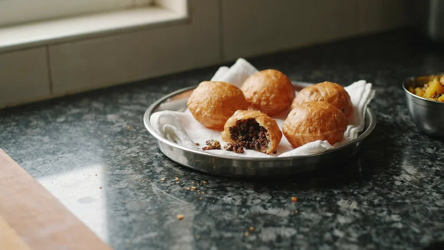 Bedmi pooris stuffed with urad dal, deep golden and puffed, made with CressPure Premium Sharbati Atta