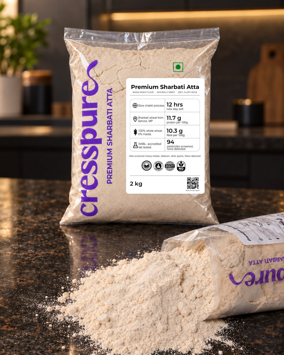 CressPure Premium Sharbati Atta pack with flour being poured