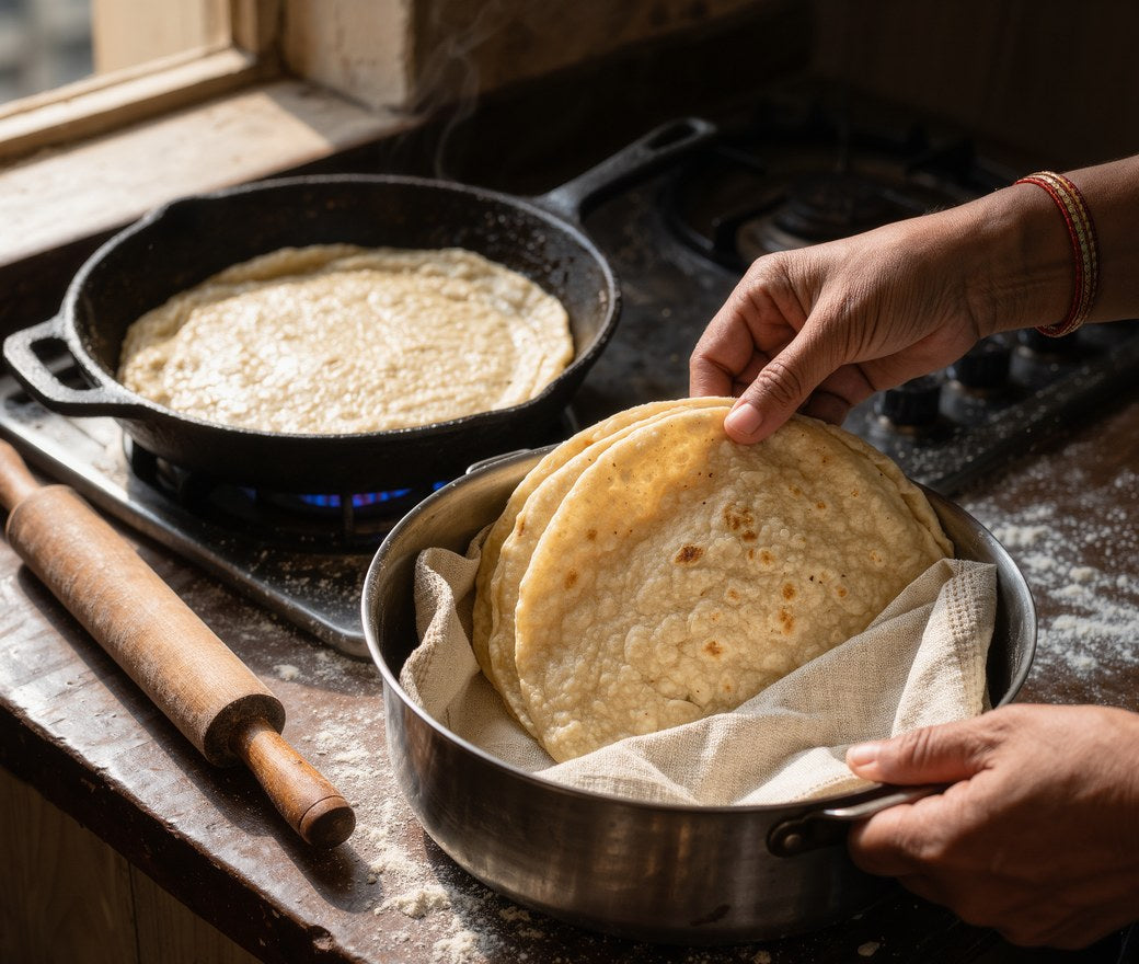 Rotis being made in a home kitchen